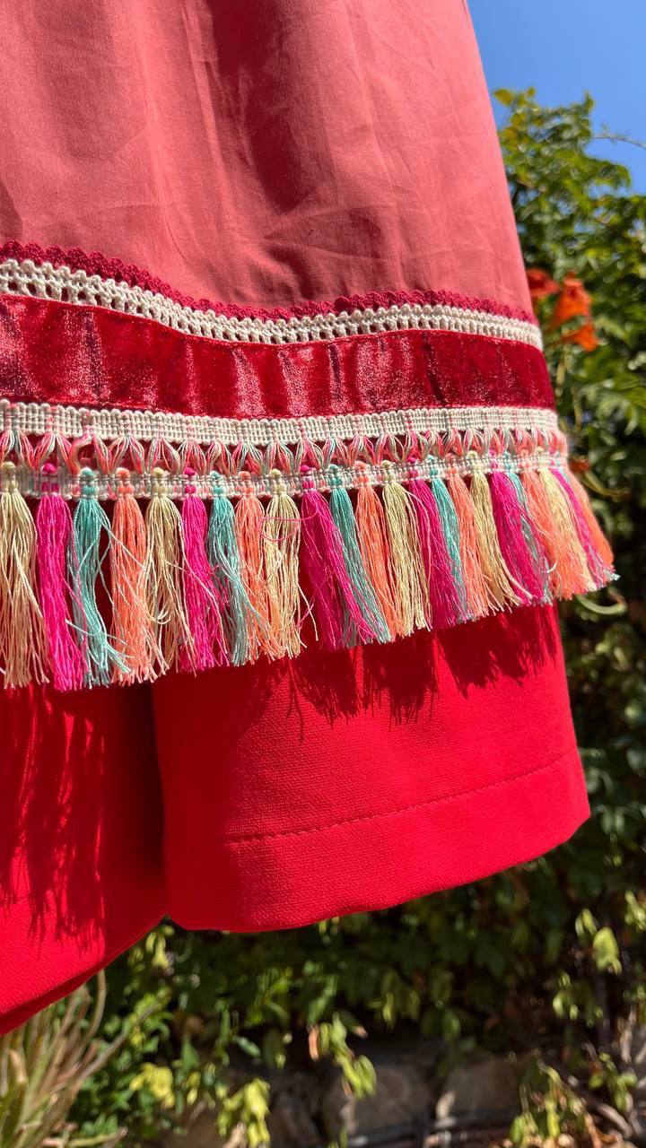 Vintage apron with Tassels "Coral Flower"