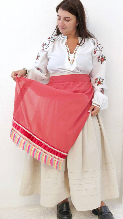 Vintage apron with Tassels "Coral Flower"