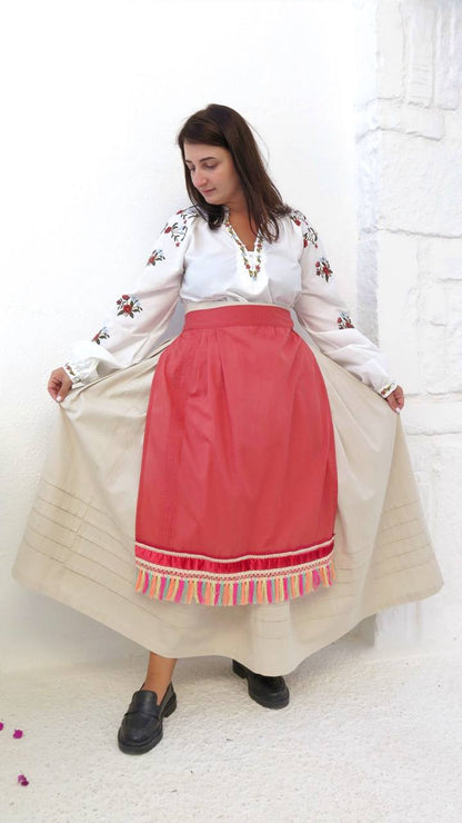 Vintage apron with Tassels "Coral Flower"