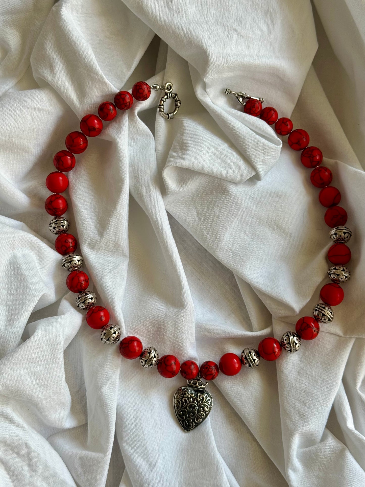 Heart of Heritage – Red Howlite Beaded Necklace with Silver Dukach Pendant | Goya Concept Jewelry