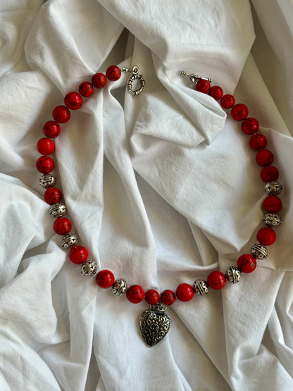 Heart of Heritage – Red Howlite Beaded Necklace with Silver Dukach Pendant | Goya Concept Jewelry