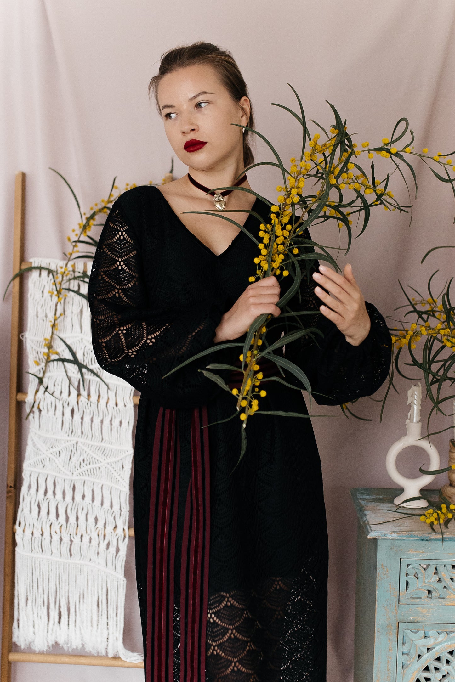 Black Maxi Dress “Lybid” in Textured Lace Fabric
