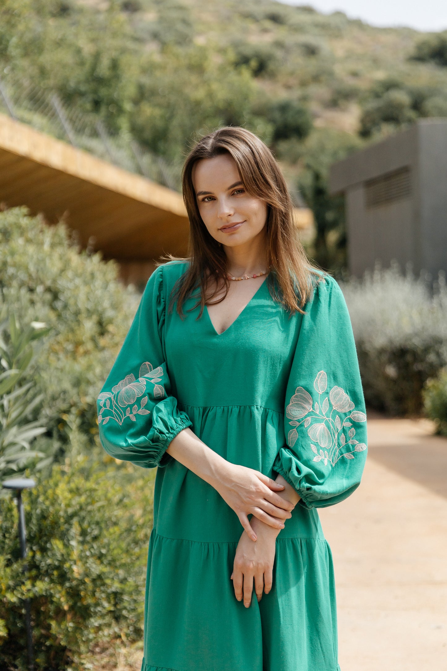 Flora Emerald Dress — embroidered oversized silhouette dress