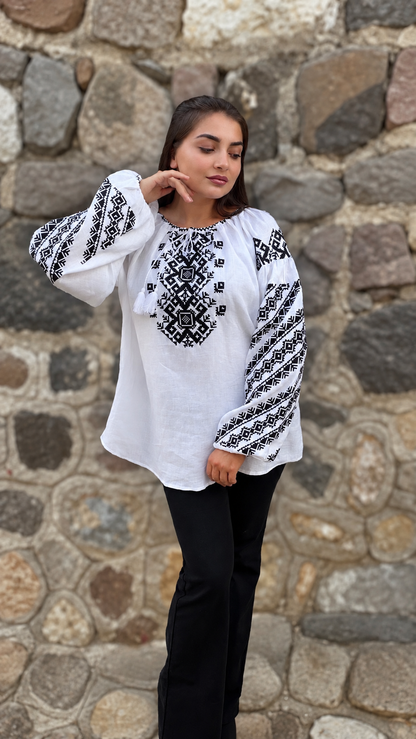 Bazhena Embroidered Linen Blouse — Black Geometric Embroidery