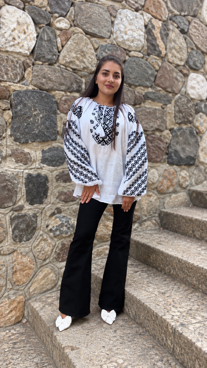 Bazhena Embroidered Linen Blouse — Black Geometric Embroidery