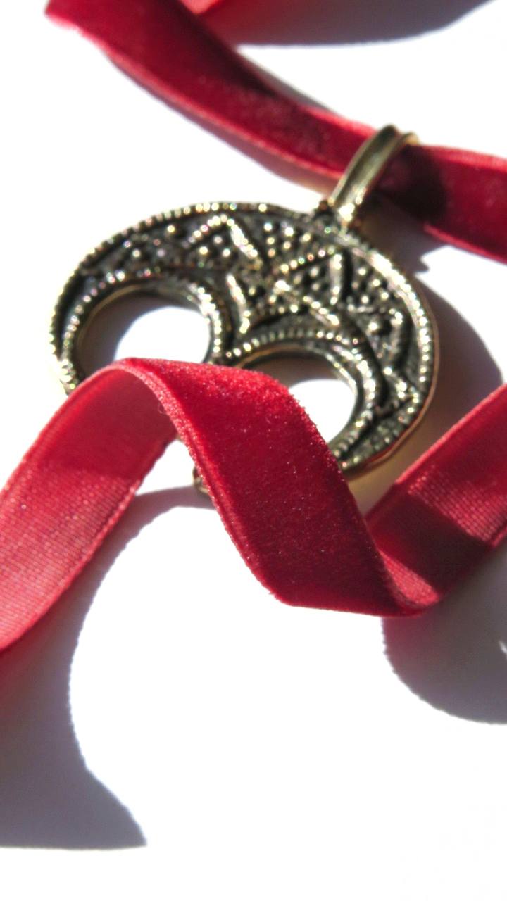 Zgarda “Lunnytsia” – Brass Pendant with Blackened Finish on Velvet Ribbon | Ethnic Jewelry from Ukraine