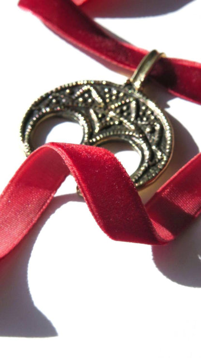 Zgarda “Lunnytsia” – Brass Pendant with Blackened Finish on Velvet Ribbon | Ethnic Jewelry from Ukraine