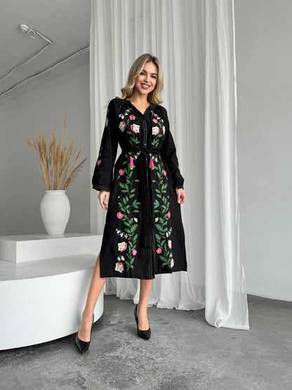 Embroidered Dress “Mysteria” – Black Floral Midi Vyshyvanka