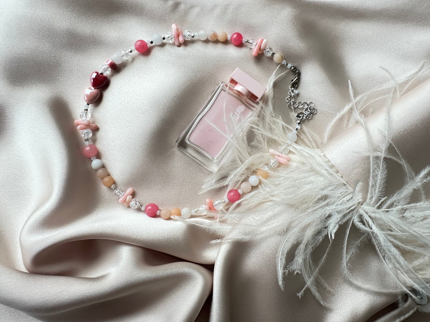 Caramel Heart Choker — Pink Quartz & Coral Necklace