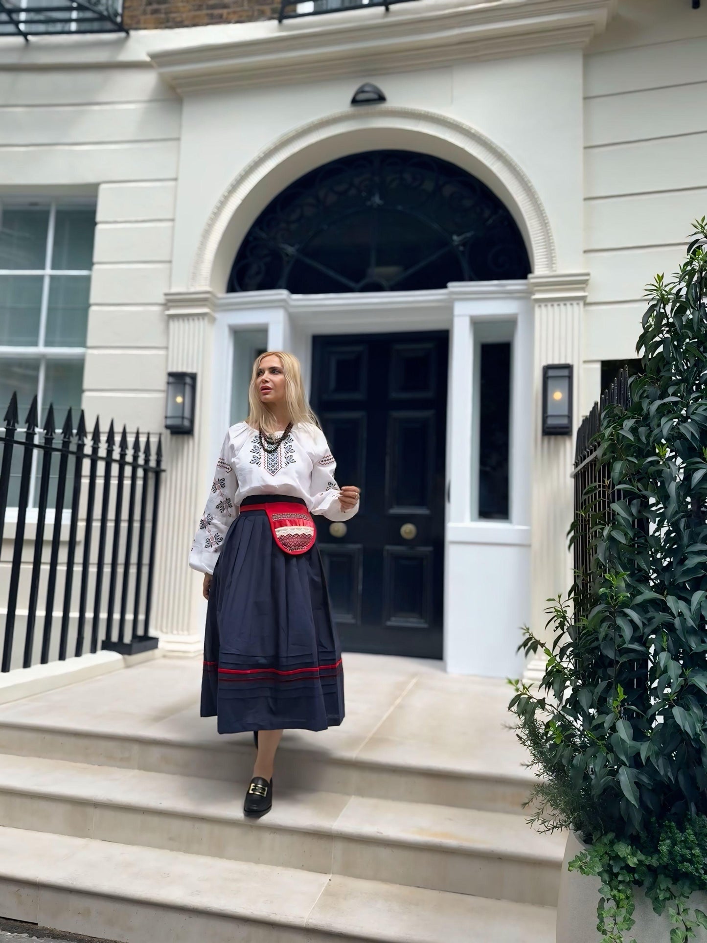 “Halyna” linen cotton midi skirt – navy blue with red velvet stripes