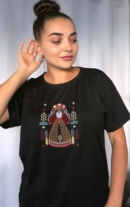 Motanka Embroidered Black T-Shirt | Ukrainian Folk Art cotton top