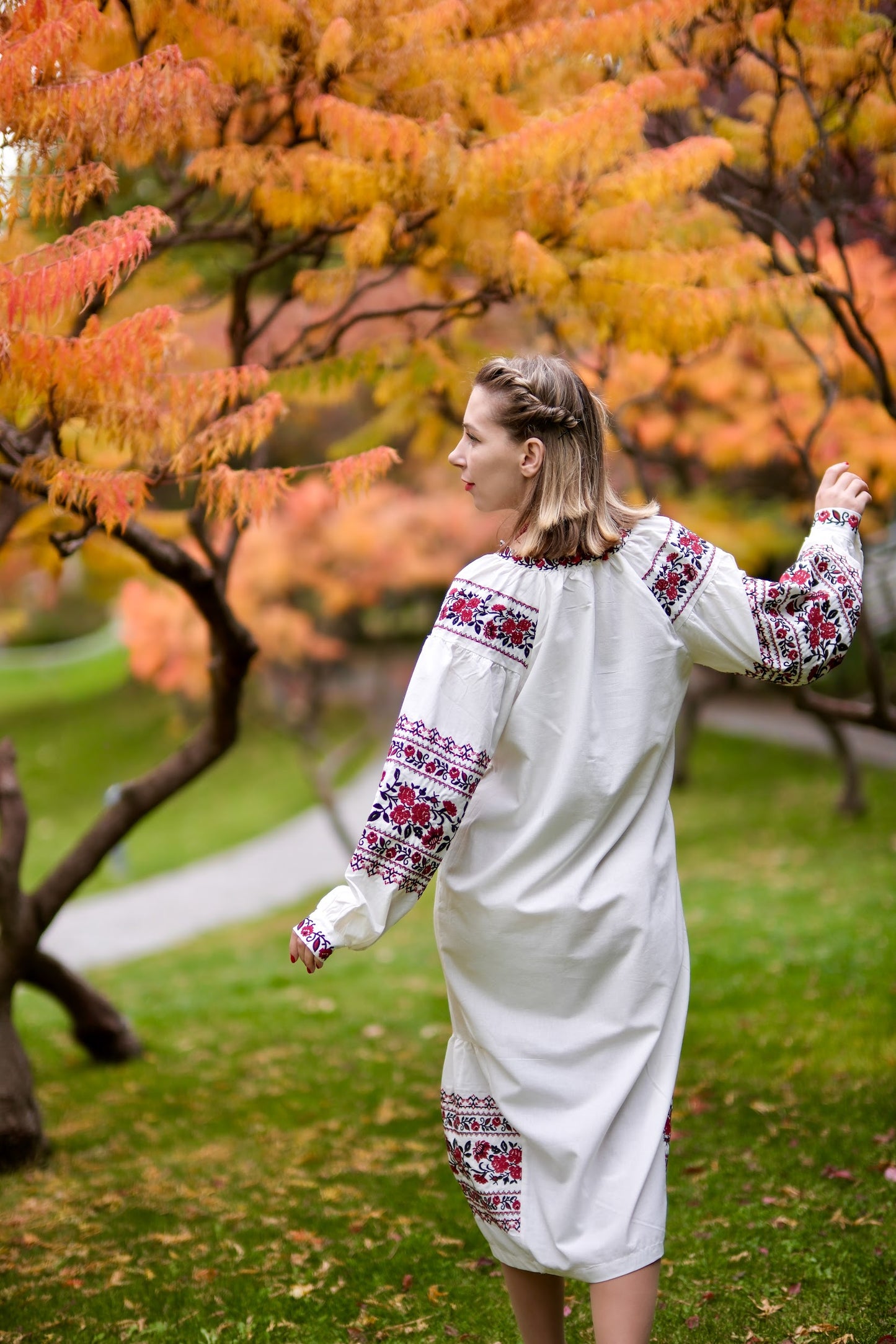 Troyanda Embroidered Linen Cotton Midi Dress – Ukrainian Floral Vyshyvanka