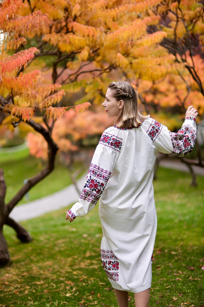 Troyanda Embroidered Linen Cotton Midi Dress – Ukrainian Floral Vyshyvanka