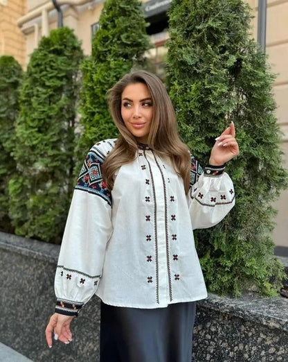 Orysia Button-Up Embroidered Blouse | White Blouse with Black Embroidered Panels | Goya Concept