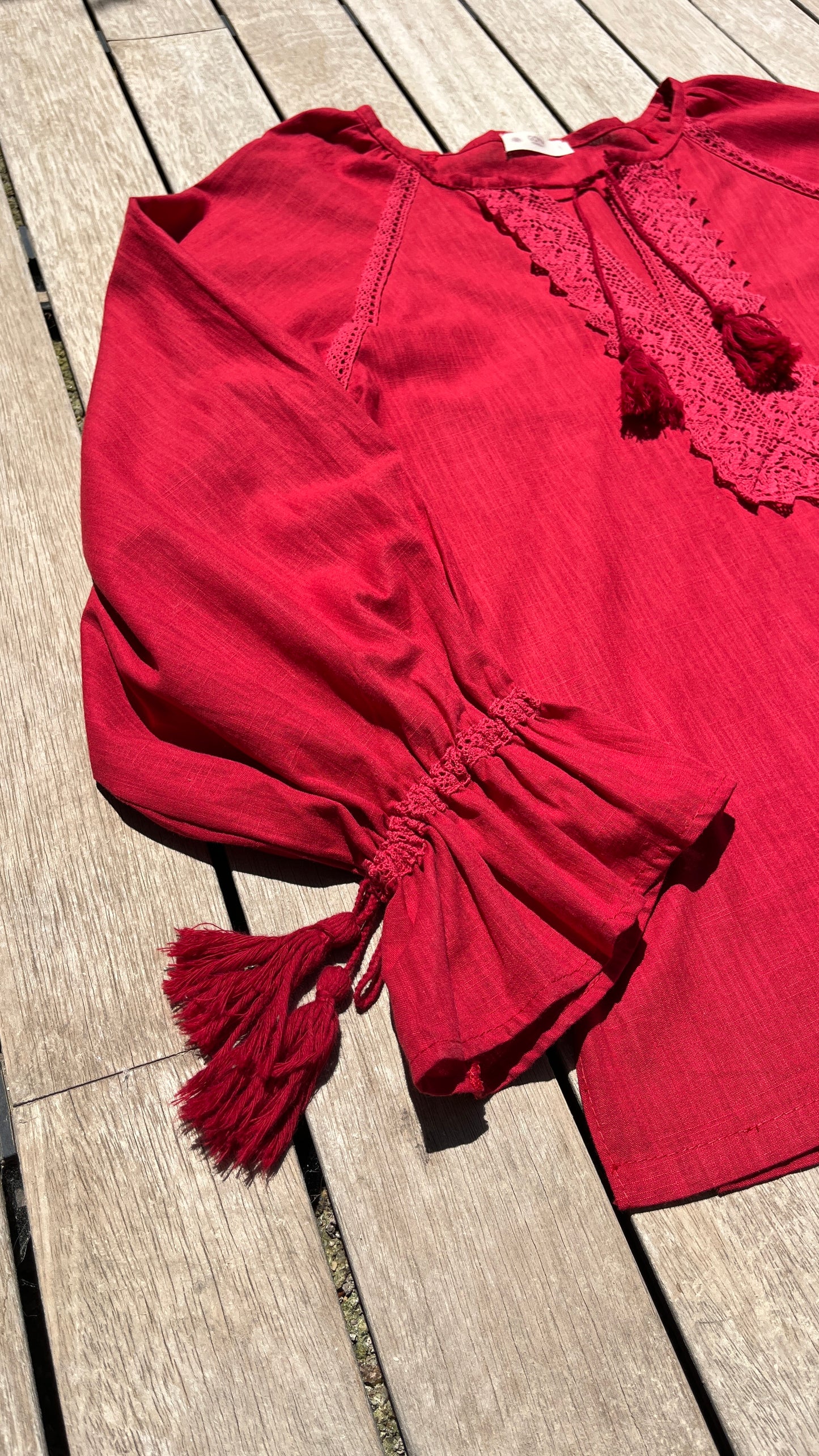 Cherry Linen & Cotton Blouse with Lace Front Detail | Goya Concept