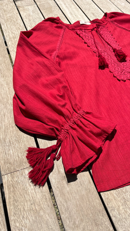 Cherry Linen & Cotton Blouse with Lace Front Detail | Goya Concept