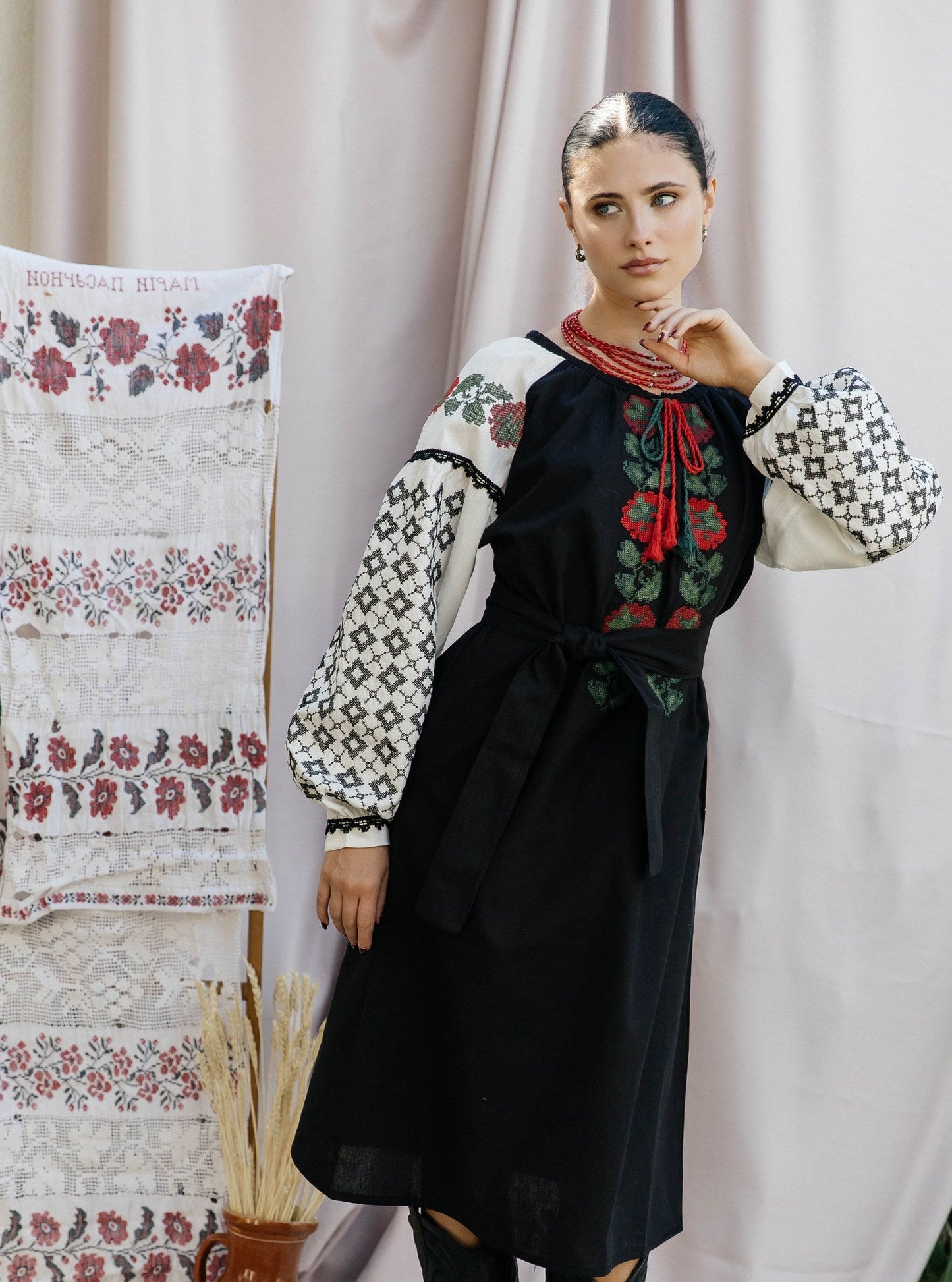 Chorna Ruzha Black Embroidered Midi Dress with Roses