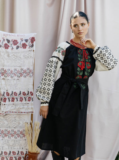 Chorna Ruzha Black Embroidered Midi Dress with Roses