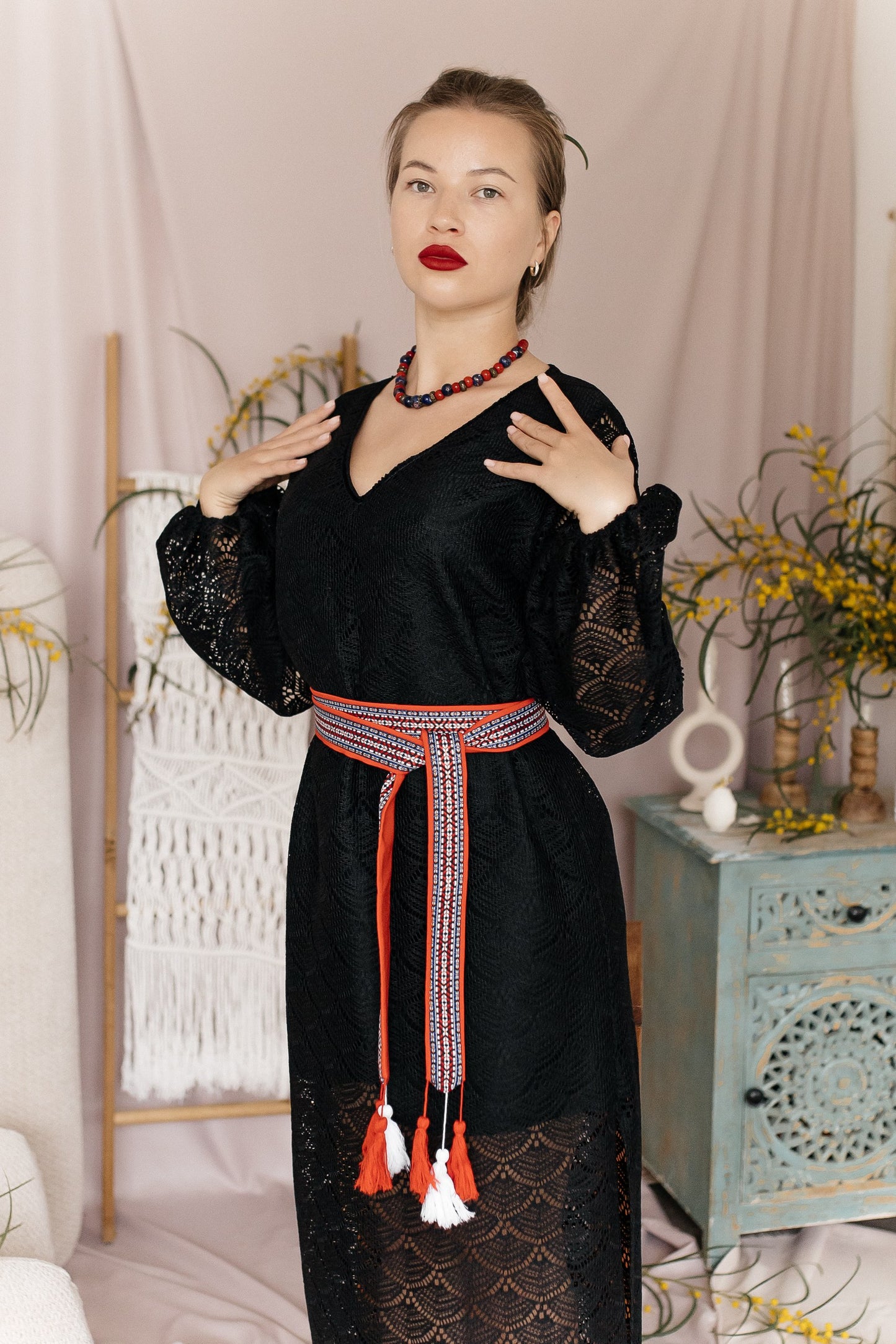 Sash Belt “Red Weave” — Ethnic Waist Belt with Woven Ribbon and Handmade Tassels