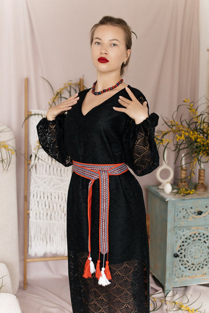 Sash Belt “Red Weave” — Ethnic Waist Belt with Woven Ribbon and Handmade Tassels
