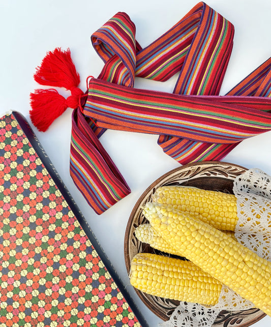 Ukrainian sash “Barvysta” | Ethno striped belt with red tassels