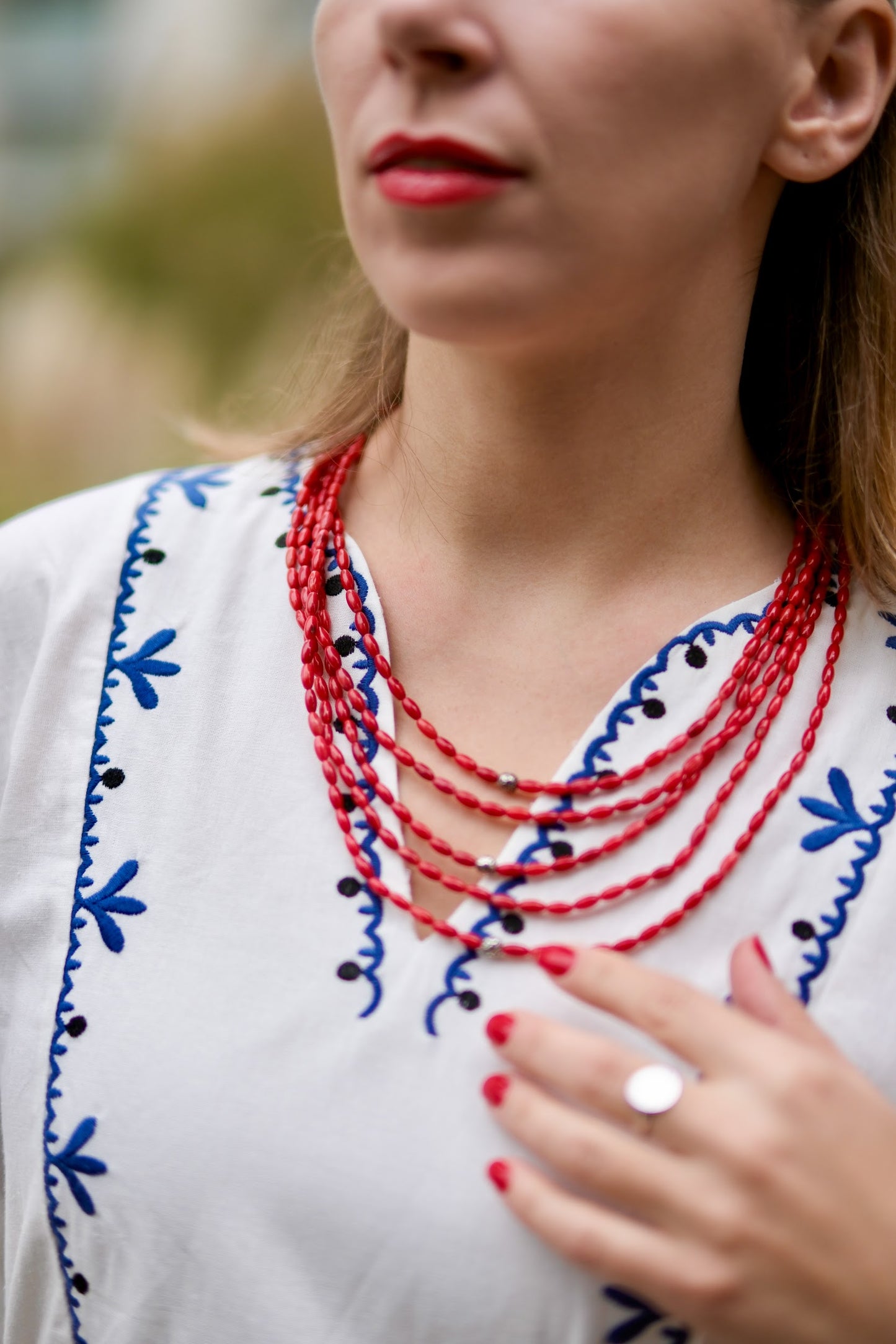 Five-Strand Coral Necklace “Shypshyna” — Red Multi Layer Beaded Necklace