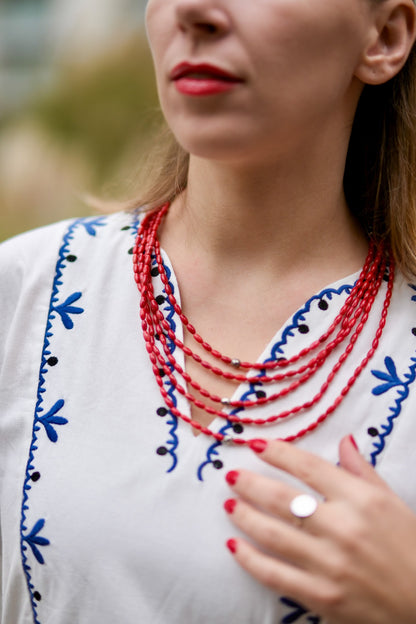 Five-Strand Coral Necklace “Shypshyna” — Red Multi Layer Beaded Necklace