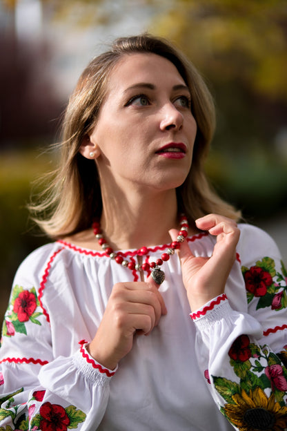 Heart of Heritage – Red Howlite Beaded Necklace with Silver Dukach Pendant | Goya Concept Jewelry
