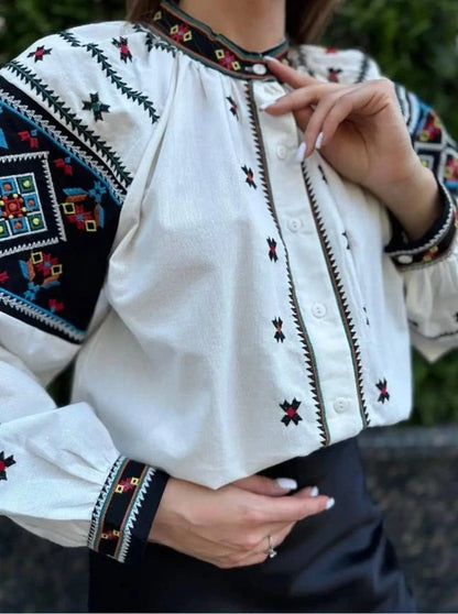 Orysia Button-Up Embroidered Blouse | White Blouse with Black Embroidered Panels | Goya Concept