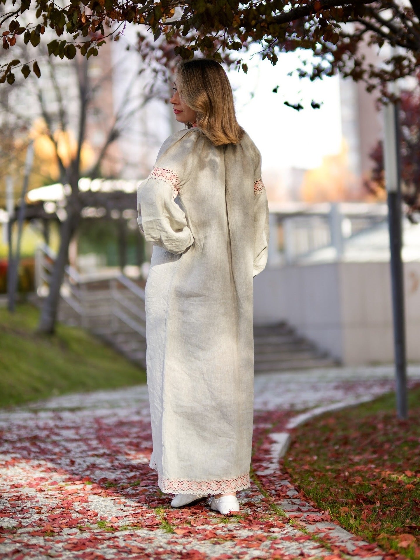 Gentle Dawn Boho Linen Dress in Sage Grey | Long Linen Dress with Lace Details