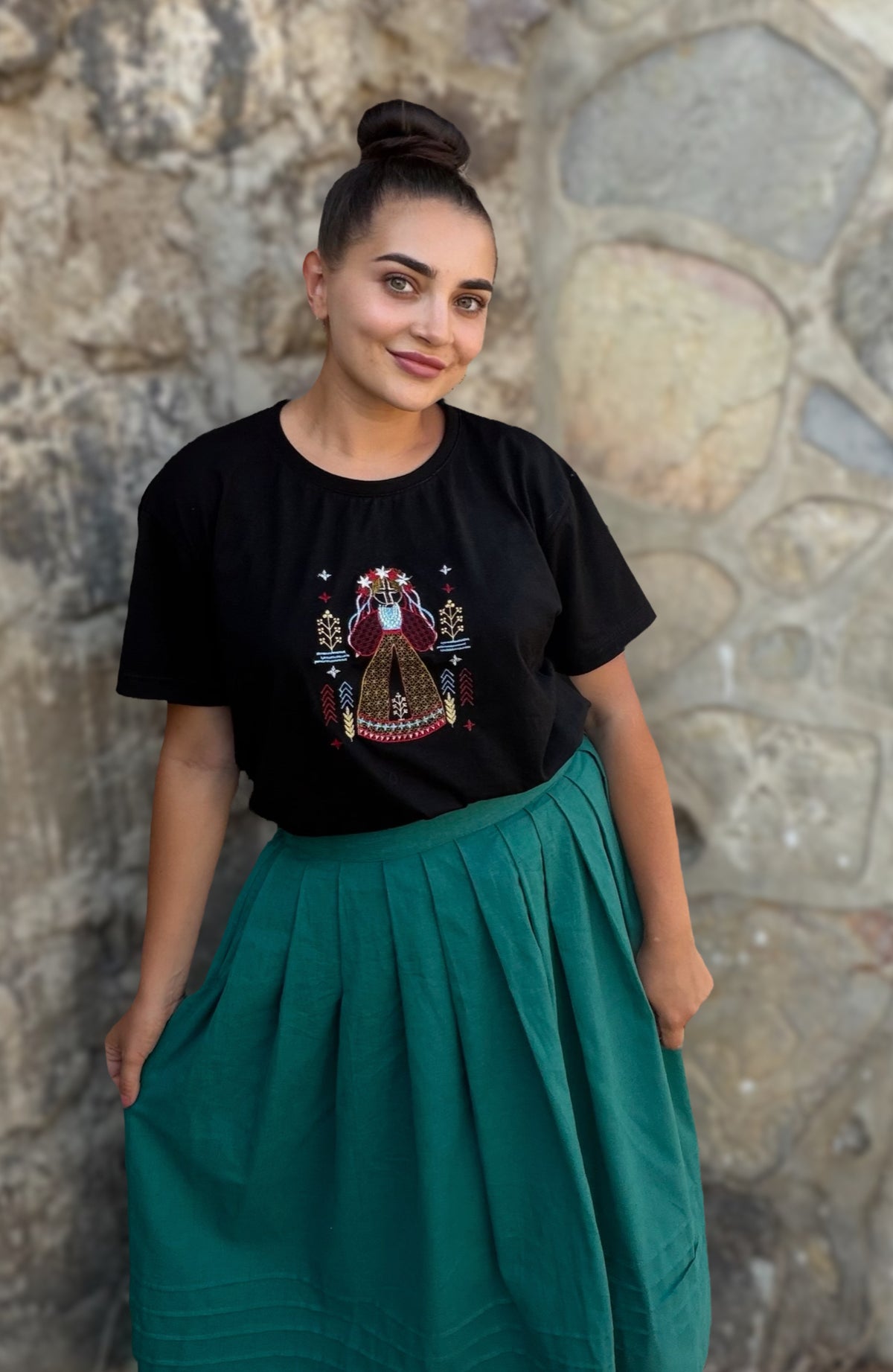 Motanka Embroidered Black T-Shirt | Ukrainian Folk Art cotton top