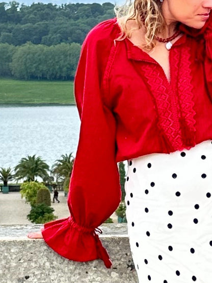 Cherry Linen & Cotton Blouse with Lace Front Detail | Goya Concept