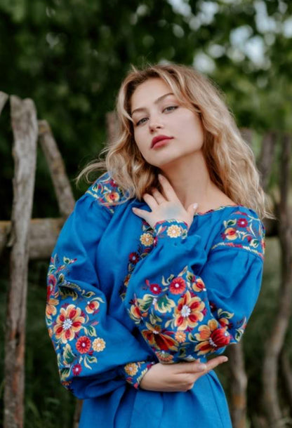 Petrykivska Muse | Blue Embroidered Linen Maxi Dress