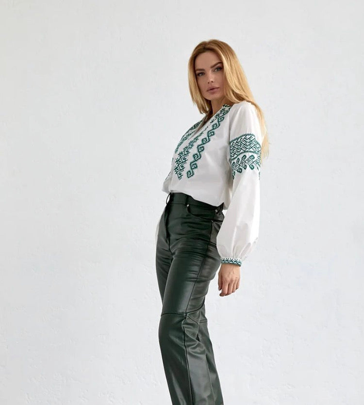 Ethno Blouse with Green Embroidery “Podilska”