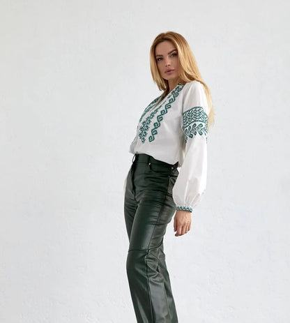 Ethno Blouse with Green Embroidery “Podilska”