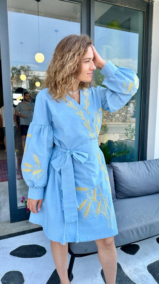 “Nyva” Dress — blue embroidered dress with golden wheat motif