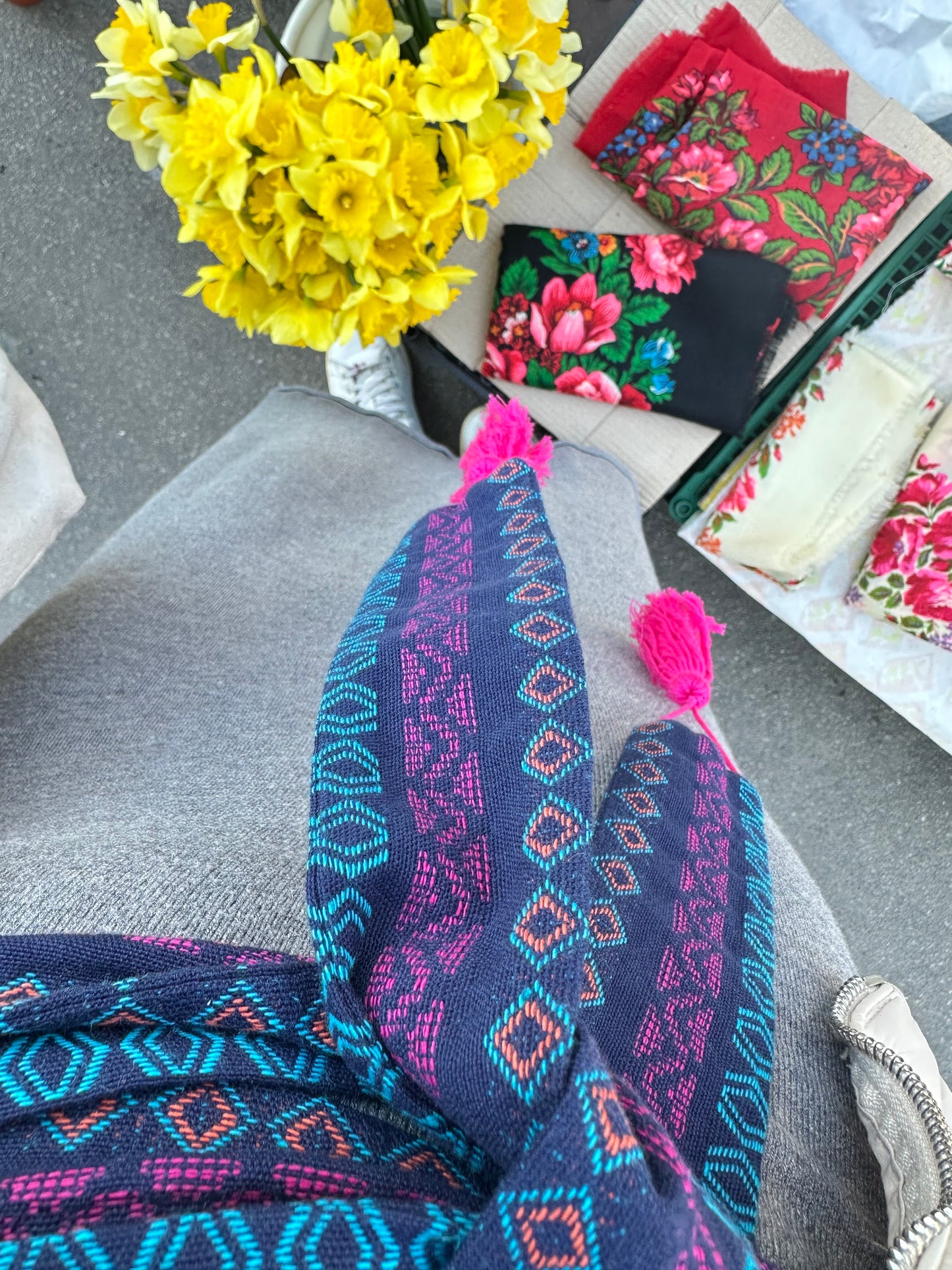 Blue Zorianytsia Woven Sash with Geometric Pattern and Pink Tassels