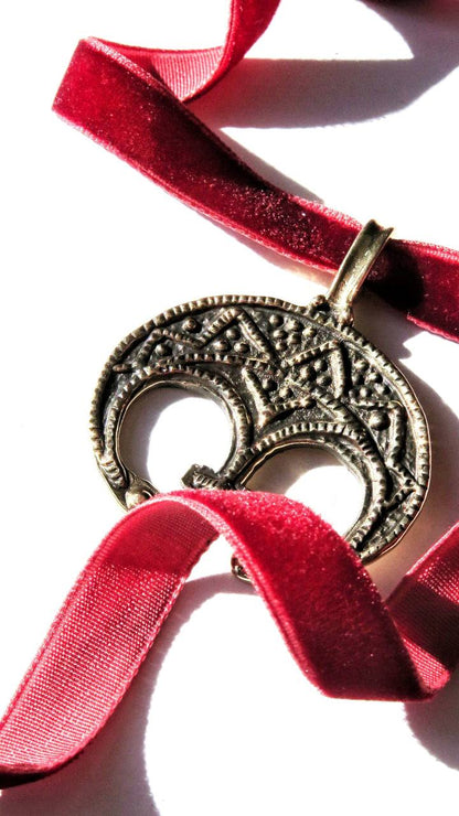 Zgarda “Lunnytsia” – Brass Pendant with Blackened Finish on Velvet Ribbon | Ethnic Jewelry from Ukraine