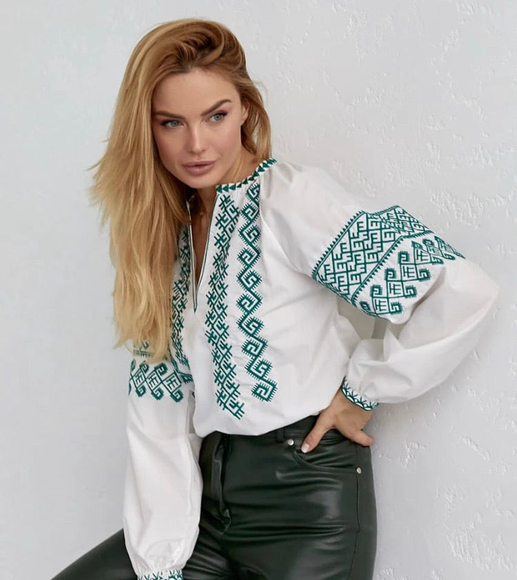 Ethno Blouse with Green Embroidery “Podilska”