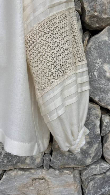 Merezhka Linen & Viscose Women’s Blouse with Lace Sleeves | Modern Ethnic Style