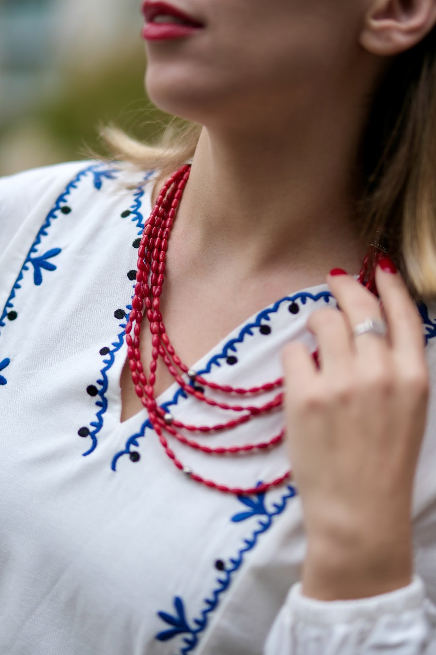 Five-Strand Coral Necklace “Shypshyna” — Red Multi Layer Beaded Necklace