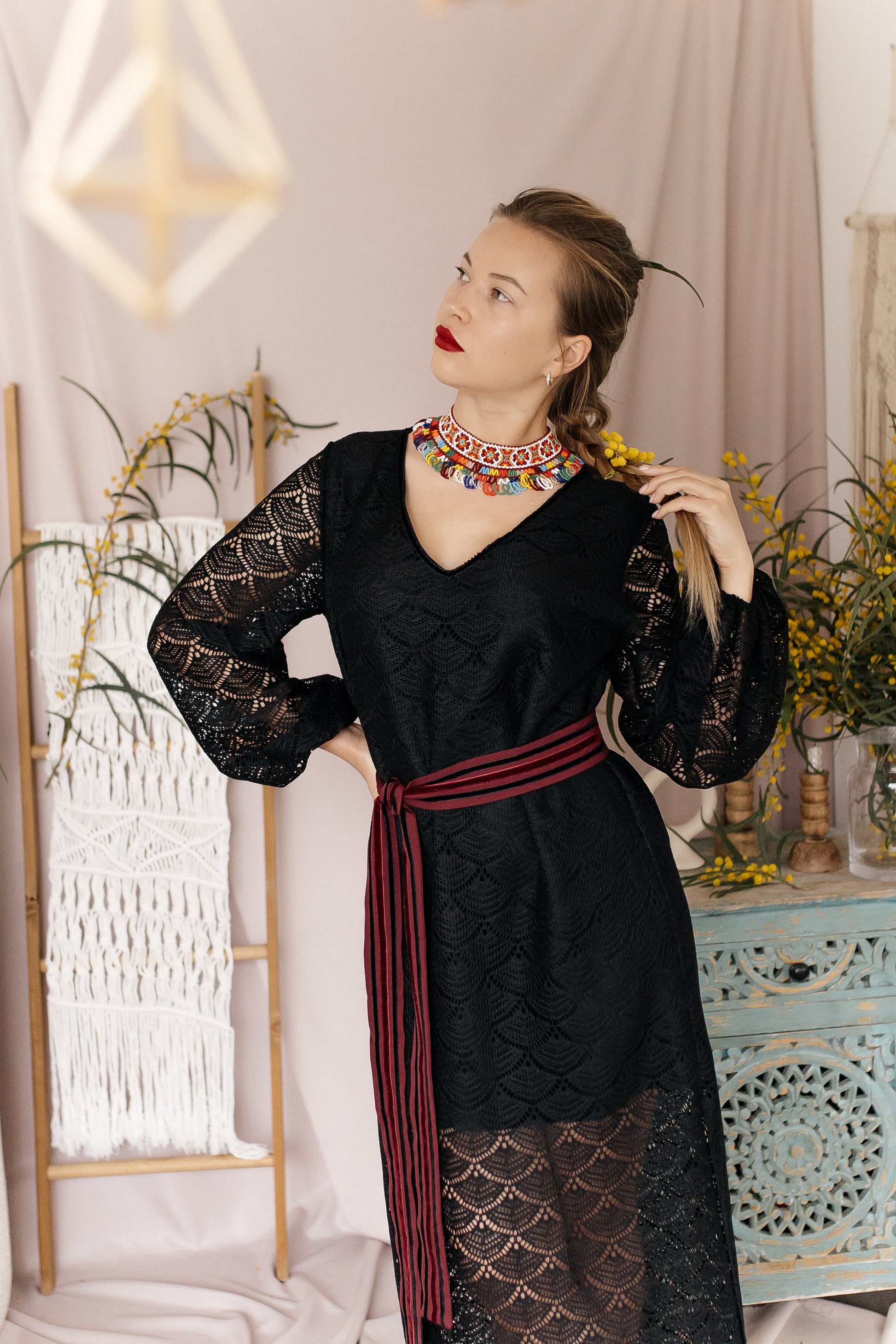 Black Maxi Dress “Lybid” in Textured Lace Fabric
