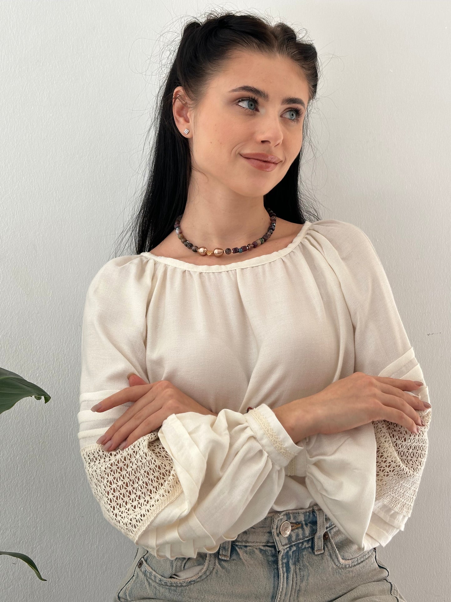 Merezhka Linen & Viscose Women’s Blouse with Lace Sleeves | Modern Ethnic Style