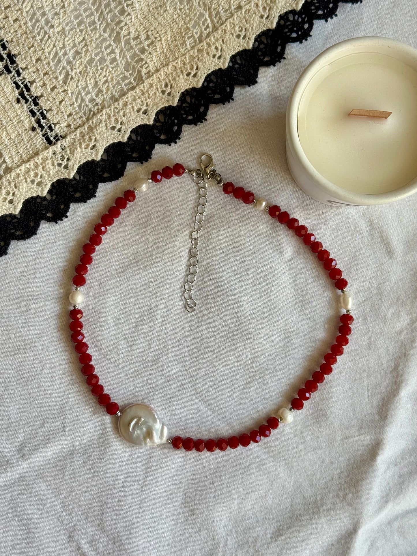 Rubina – Red Crystal Choker with Baroque Pearl | Elegant Minimalist Necklace