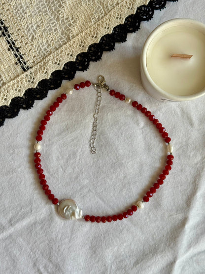 Rubina – Red Crystal Choker with Baroque Pearl | Elegant Minimalist Necklace