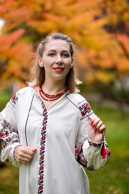 Troyanda Embroidered Linen Cotton Midi Dress – Ukrainian Floral Vyshyvanka