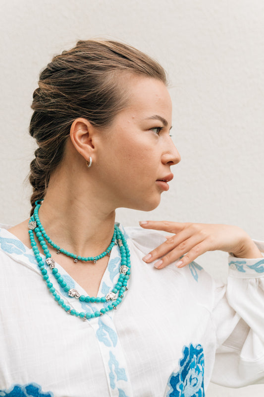 “Blue Leaves” Necklace Set | Double-Strand Turquoise Necklace and Choker