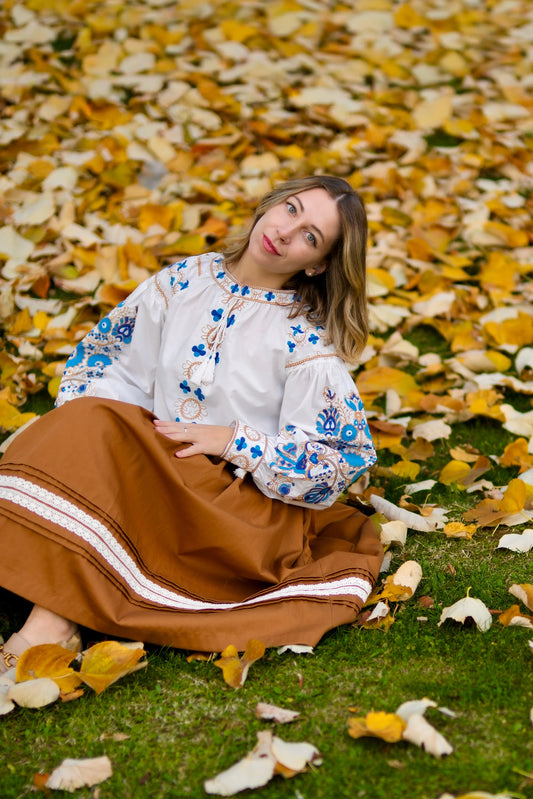 Nezlamna – White Embroidered Blouse with Golden & Blue “Tree of Life” Details | Ukrainian Women’s Shirt