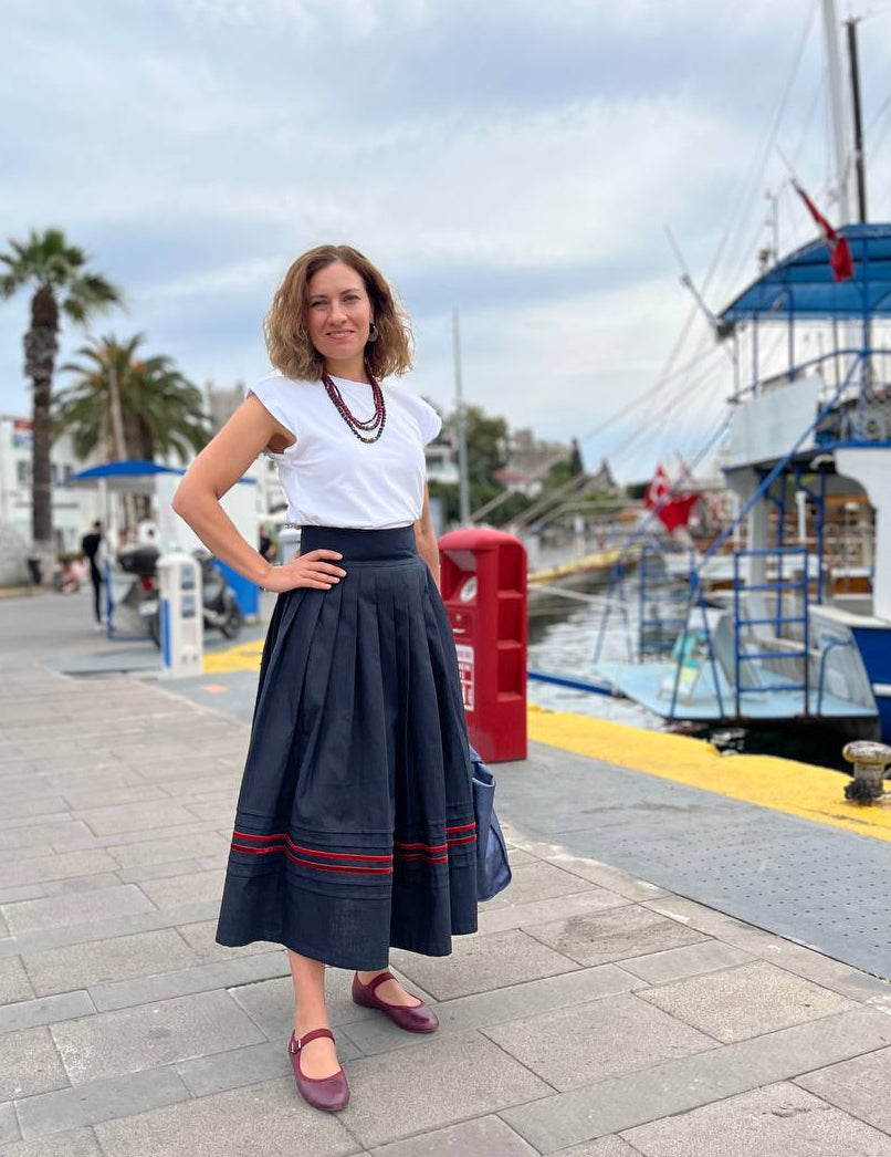 “Halyna” linen cotton midi skirt – navy blue with red velvet stripes