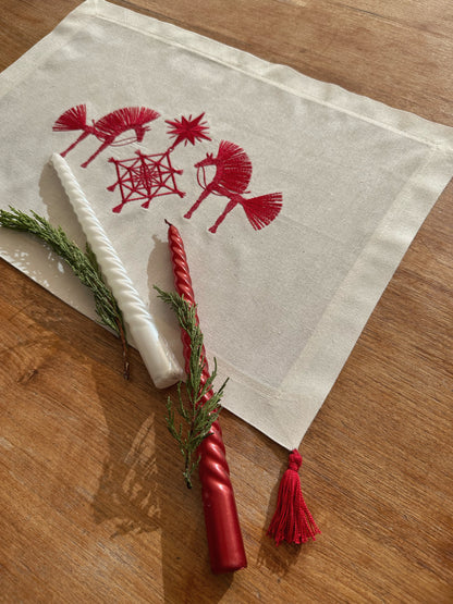 Christmas Horses Table Runner | Red Cotton Embroidery Napkin